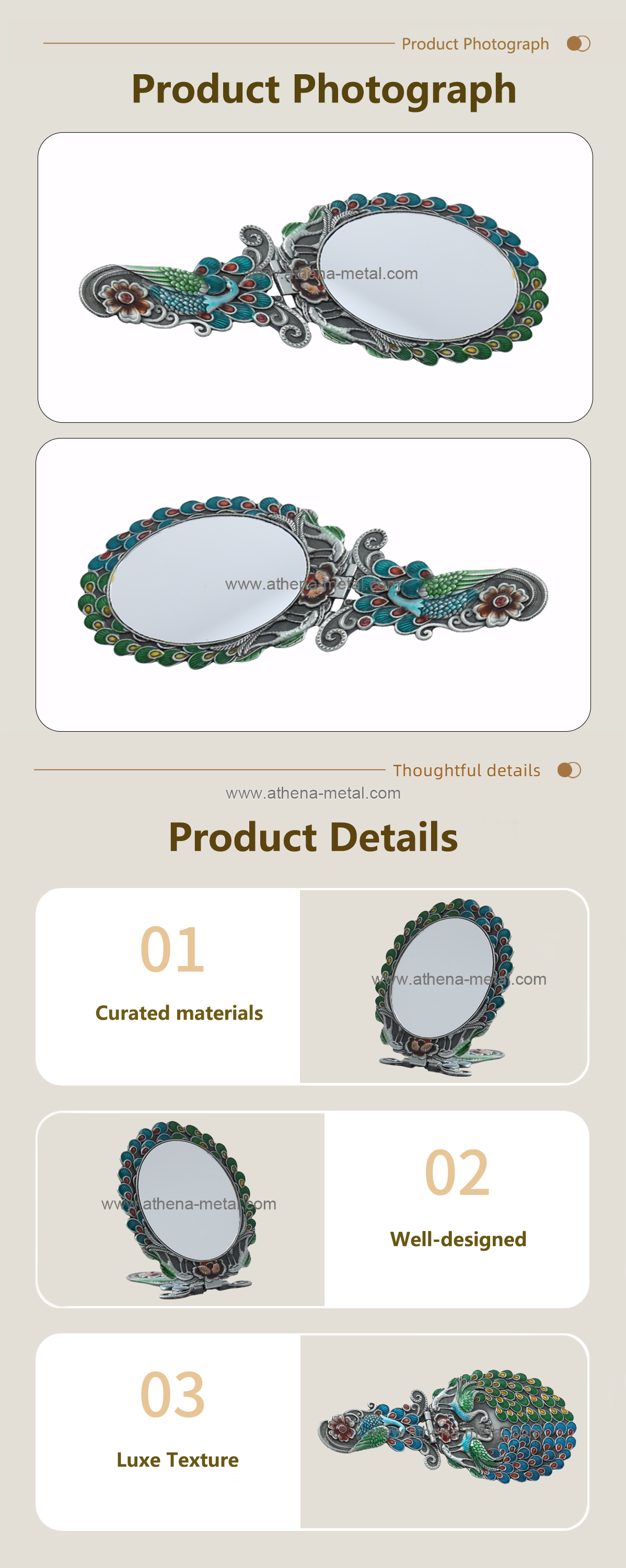 Peacock retro handle mirror