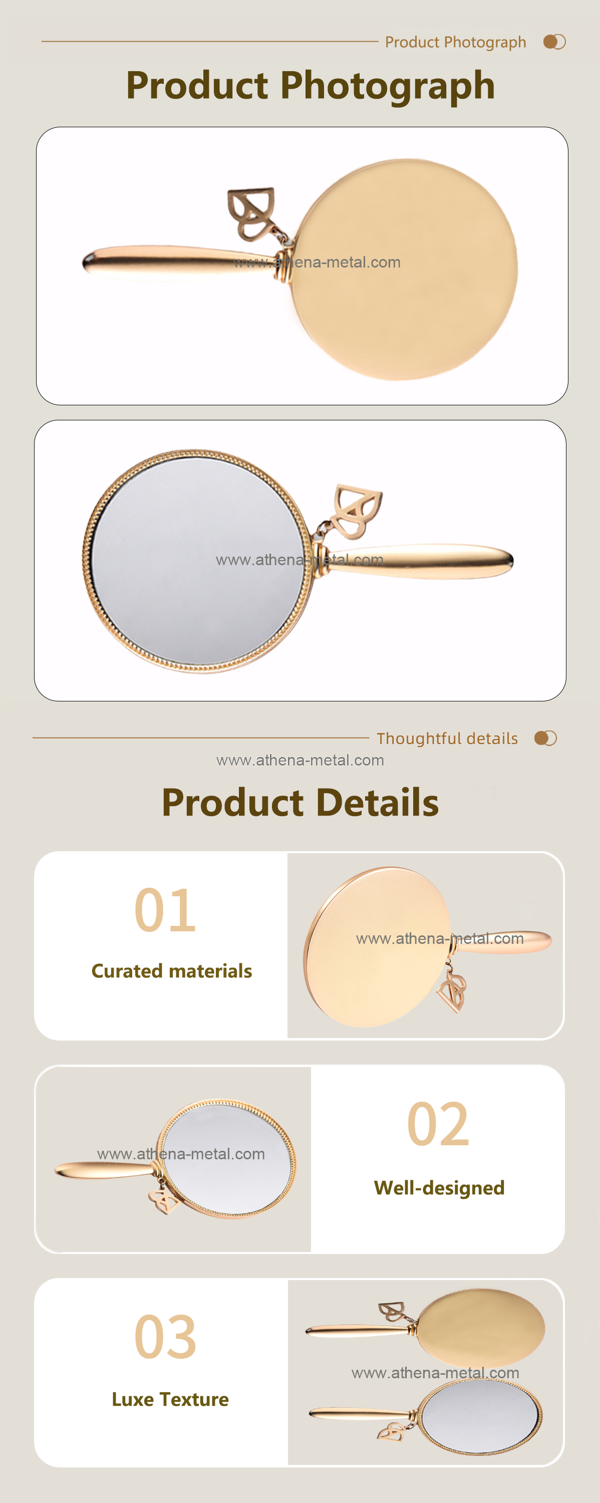 Gold zinc alloy handle mirror